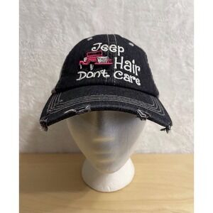 Jeep Hair Don't Care Trucker Hat Black Gray Mesh Distressed Adjustable
